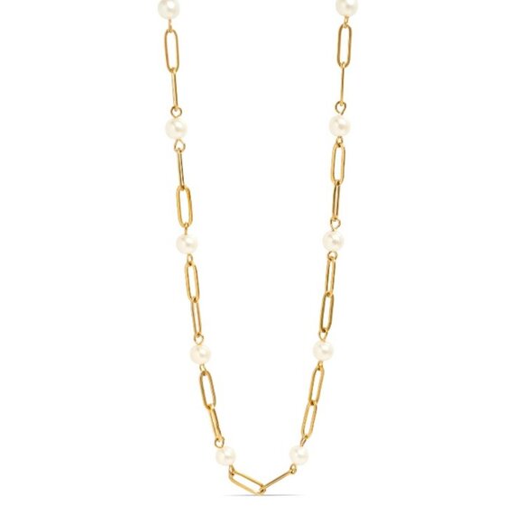 18K Gold Paperclip Chain & Pearl Necklace, PVD Coated, Water & Tarnish Resistant - Picture 1 of 4
